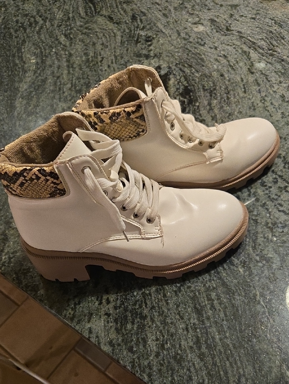 Women's Cream Lace-Up Ankle Boots with Snake-Print Collar